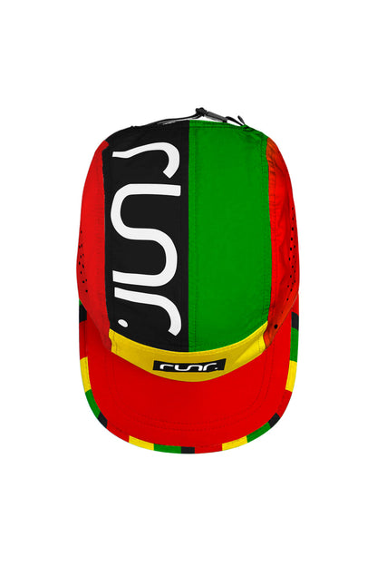 Technical running cap back with black graphic panel and green top over red/yellow accents