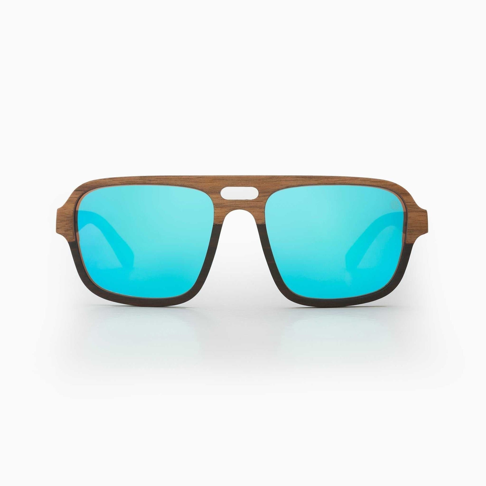 Walnut wood sunglasses front view with sky blue mirrored lenses