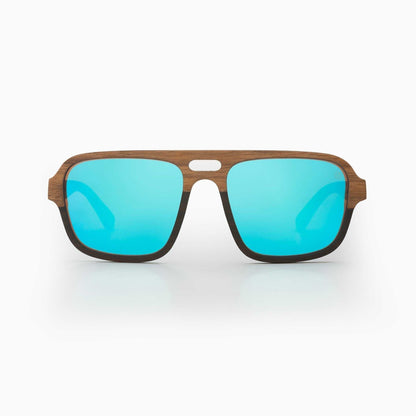 Walnut wood sunglasses front view with sky blue mirrored lenses