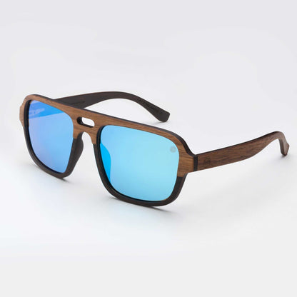 Walnut wood sunglasses with sky blue mirrored lenses and black side arms