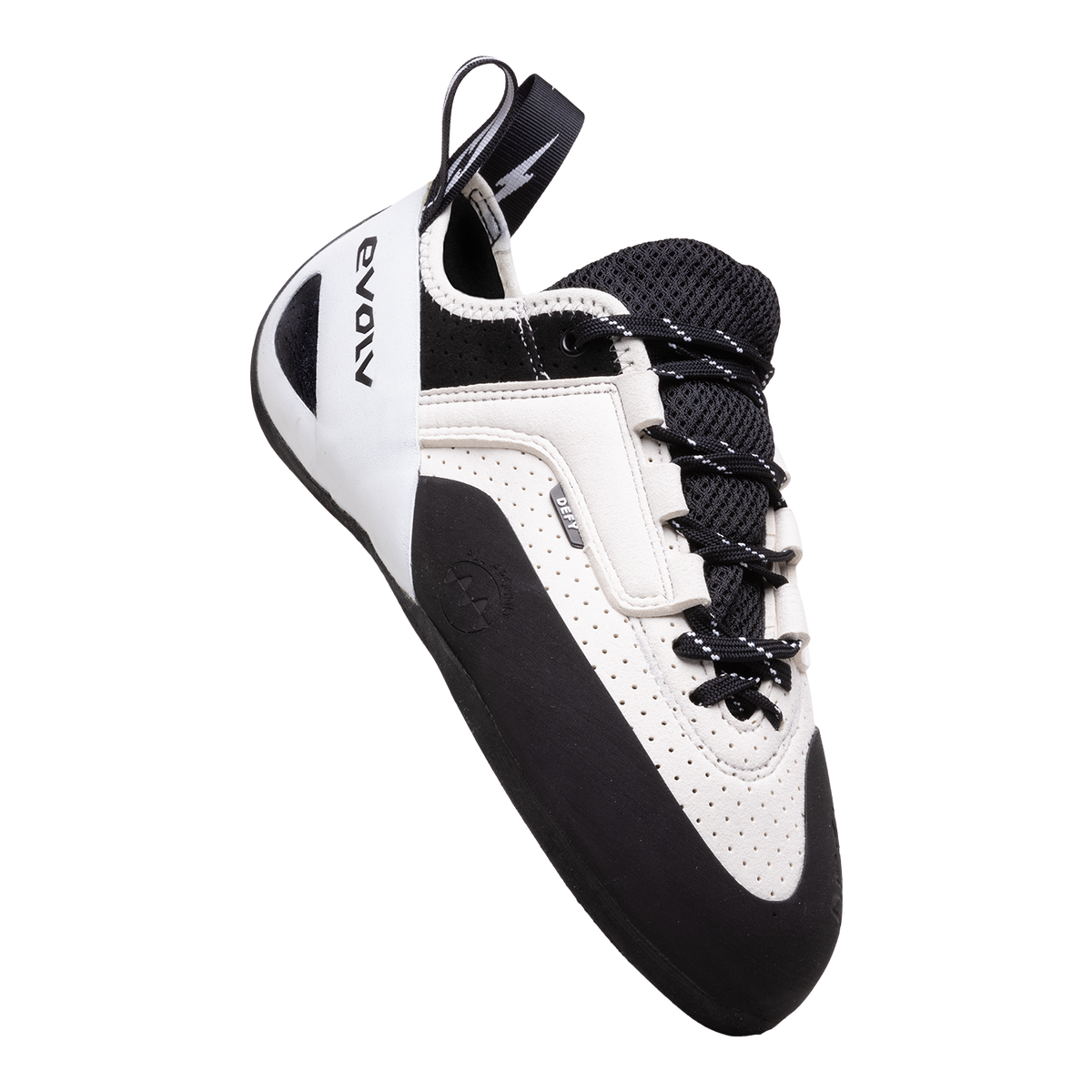 Climbing shoes with lace-up closure, white upper with black panels, rubber toe rand