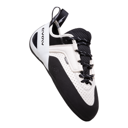 Climbing shoes with lace-up closure, white upper with black panels, rubber toe rand