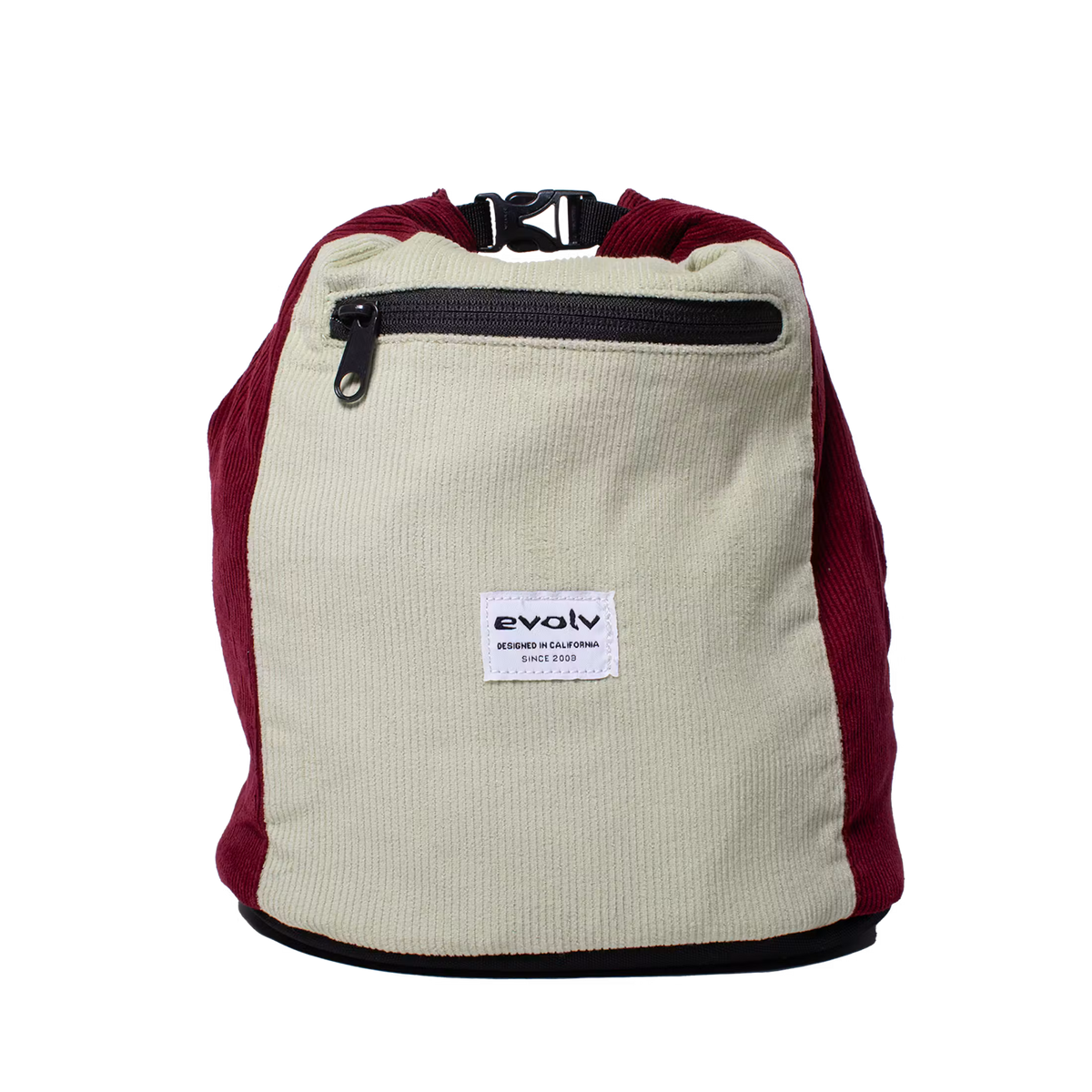 Corduroy chalk bucket back in cream and dark red with logo label and webbing straps
