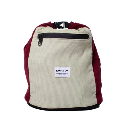 Corduroy chalk bucket back in cream and dark red with logo label and webbing straps