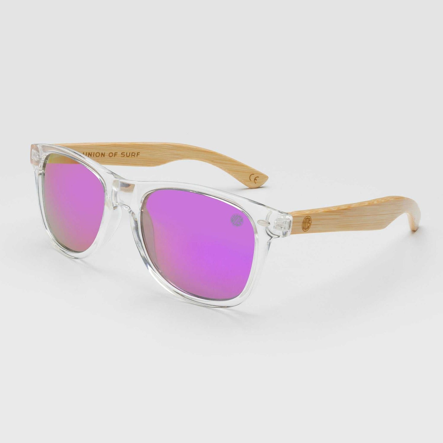 Clear sunglasses with light wood temples and purple mirror lenses