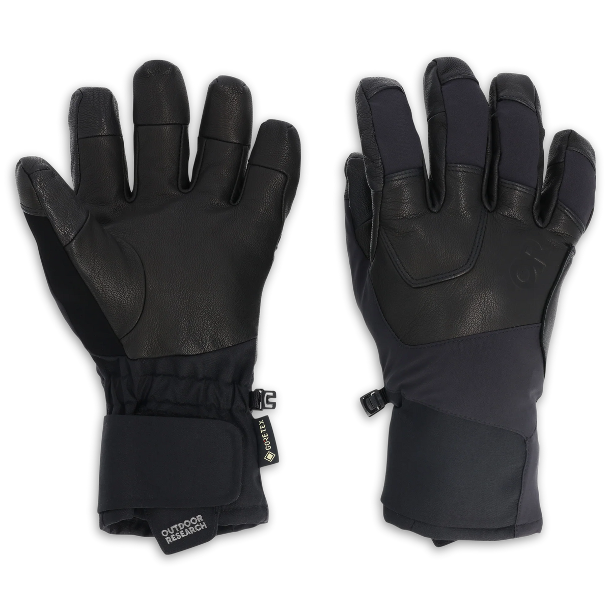 Outdoor Research Alpinite GORE-TEX gloves, dark black palm and back views