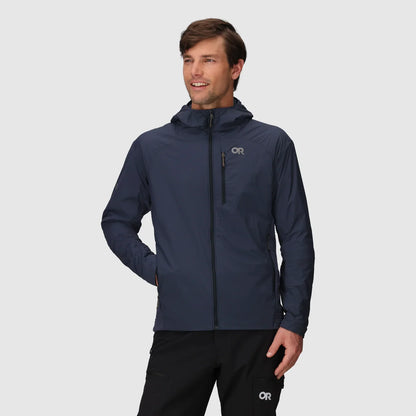 Man wearing a navy hooded jacket with full zip and chest pocket