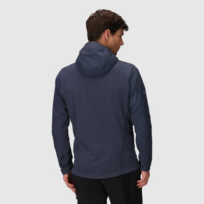 Men's hooded insulated jacket in dark blue, shown from the back.