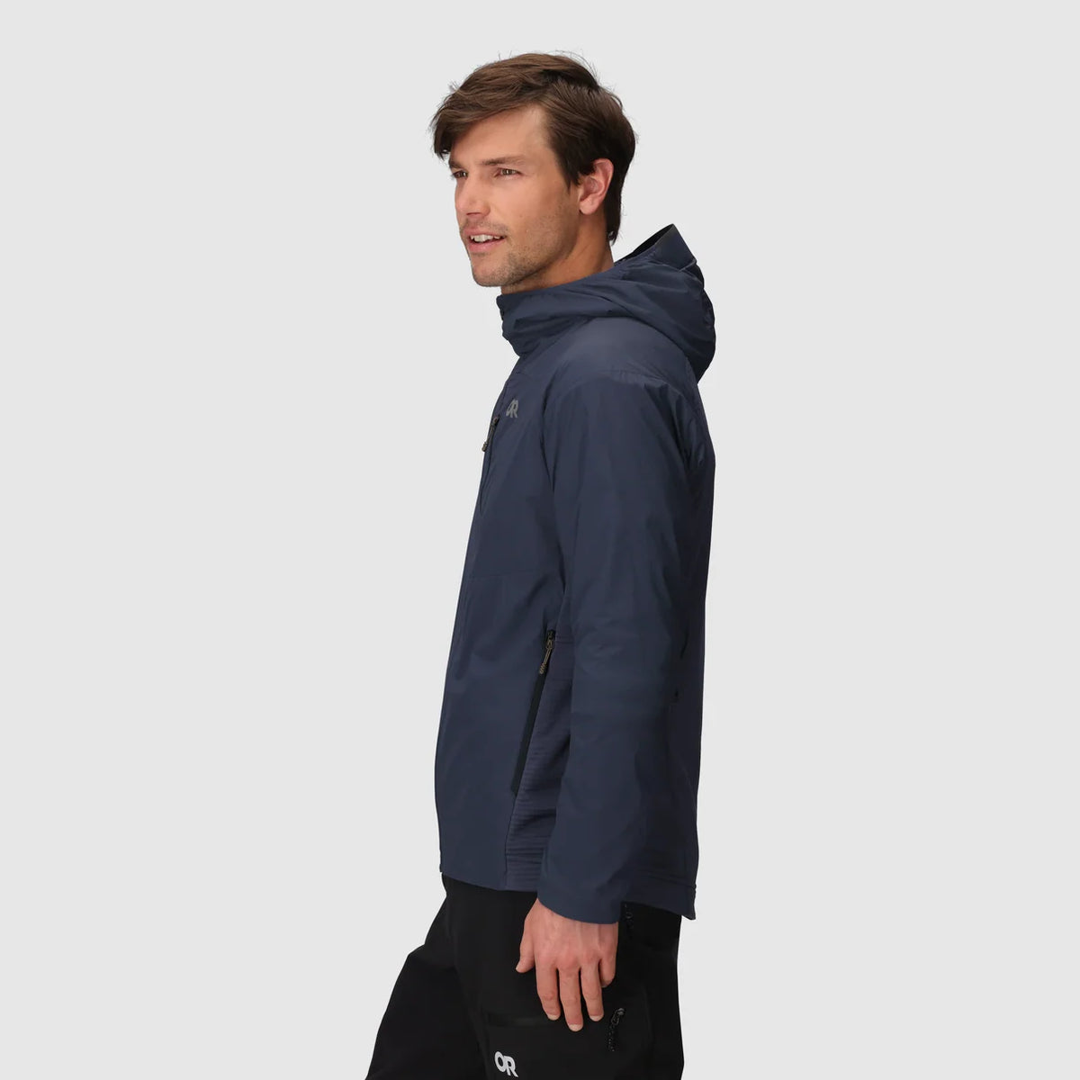 Men's dark blue hooded jacket shown from the side, with a zippered front.
