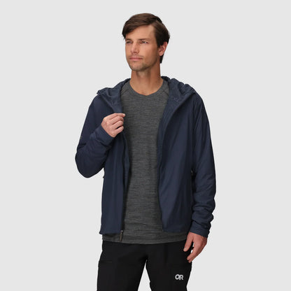 Men's dark blue hooded jacket worn open, showing its front and interior.