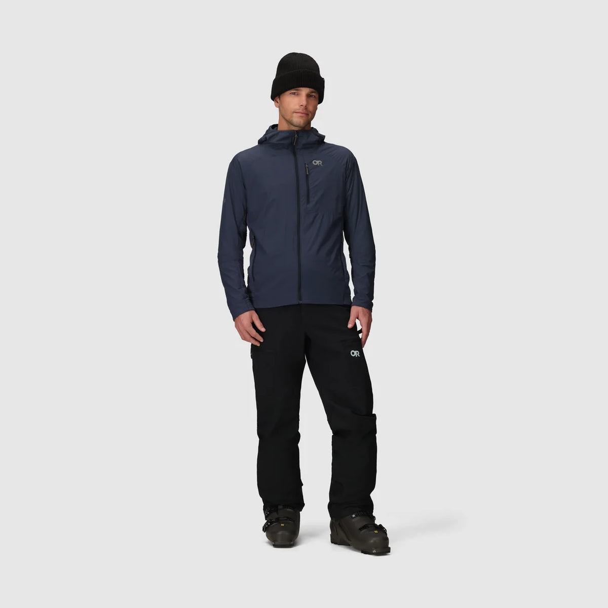 Men's dark blue hooded jacket with full-length front zipper and chest pocket.