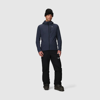 Men's dark blue hooded jacket with full-length front zipper and chest pocket.