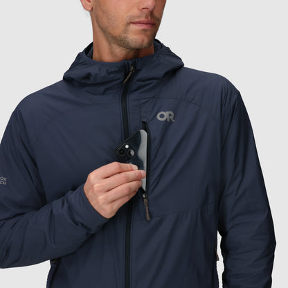 Navy hoodie with a zippered chest pocket sized for a phone