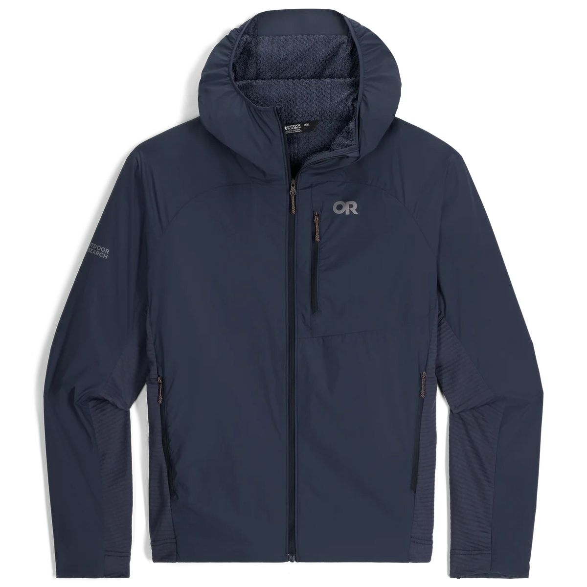 Men's navy insulated hoodie with full zip, chest pocket and textured side panels