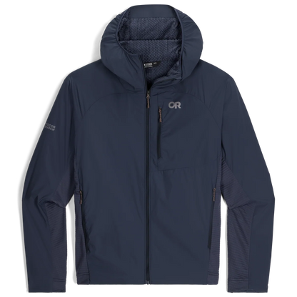 Men's navy insulated hoodie with full zip, chest pocket and textured side panels