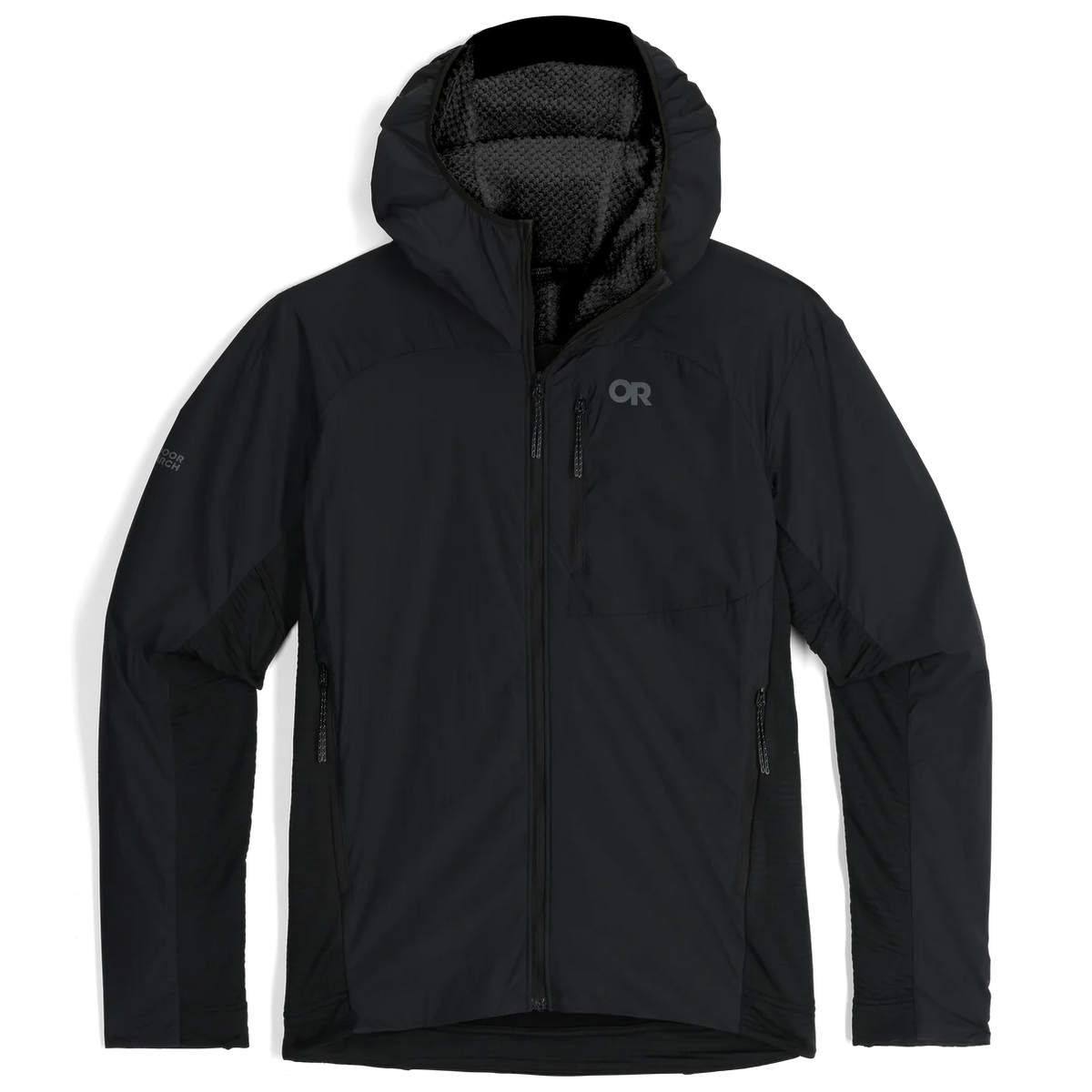 Men's black insulated hoodie with full zip, chest pocket and textured side panels