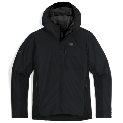 Men's black insulated hoodie with full zip, chest pocket and textured side panels