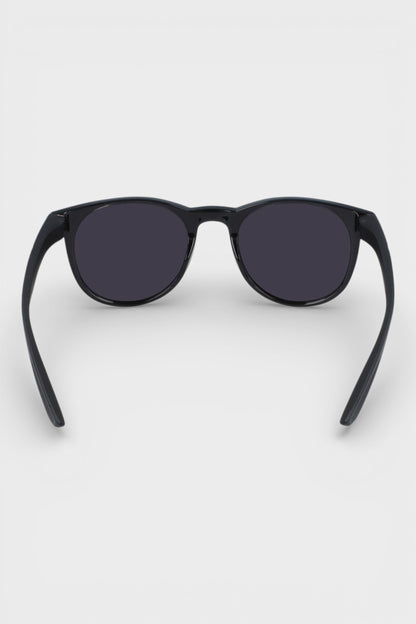 Nike sunglasses with dark lenses and black frame, side view