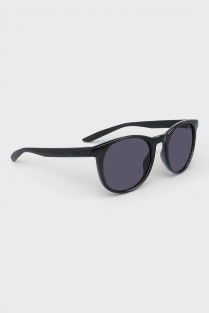 Nike sunglasses with dark lenses and black frame, angled profile view