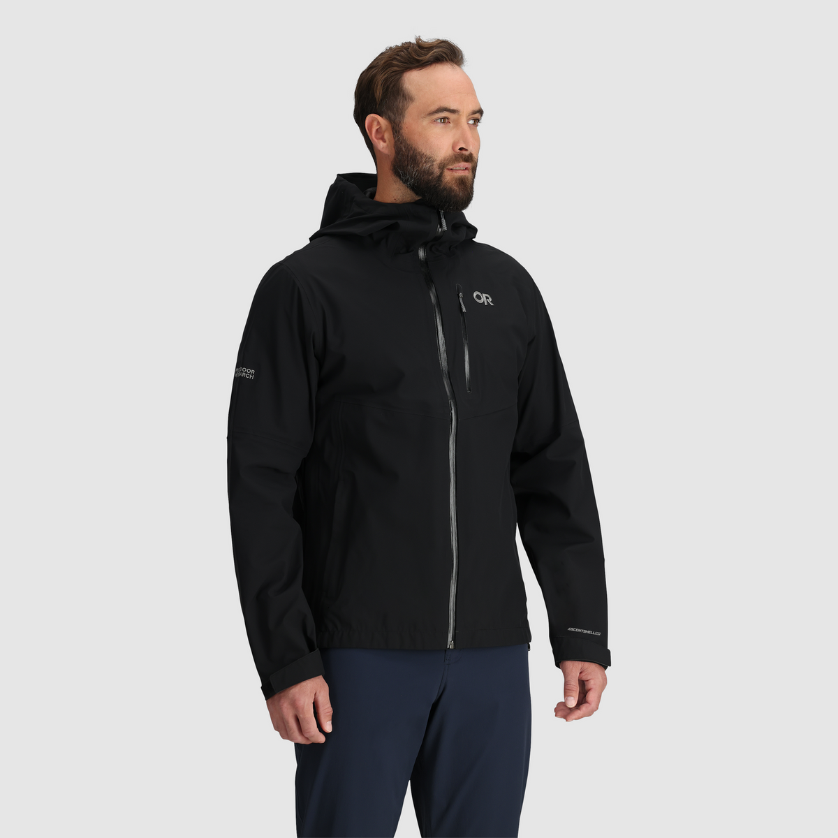 Men's black waterproof jacket with adjustable hood and center front zipper