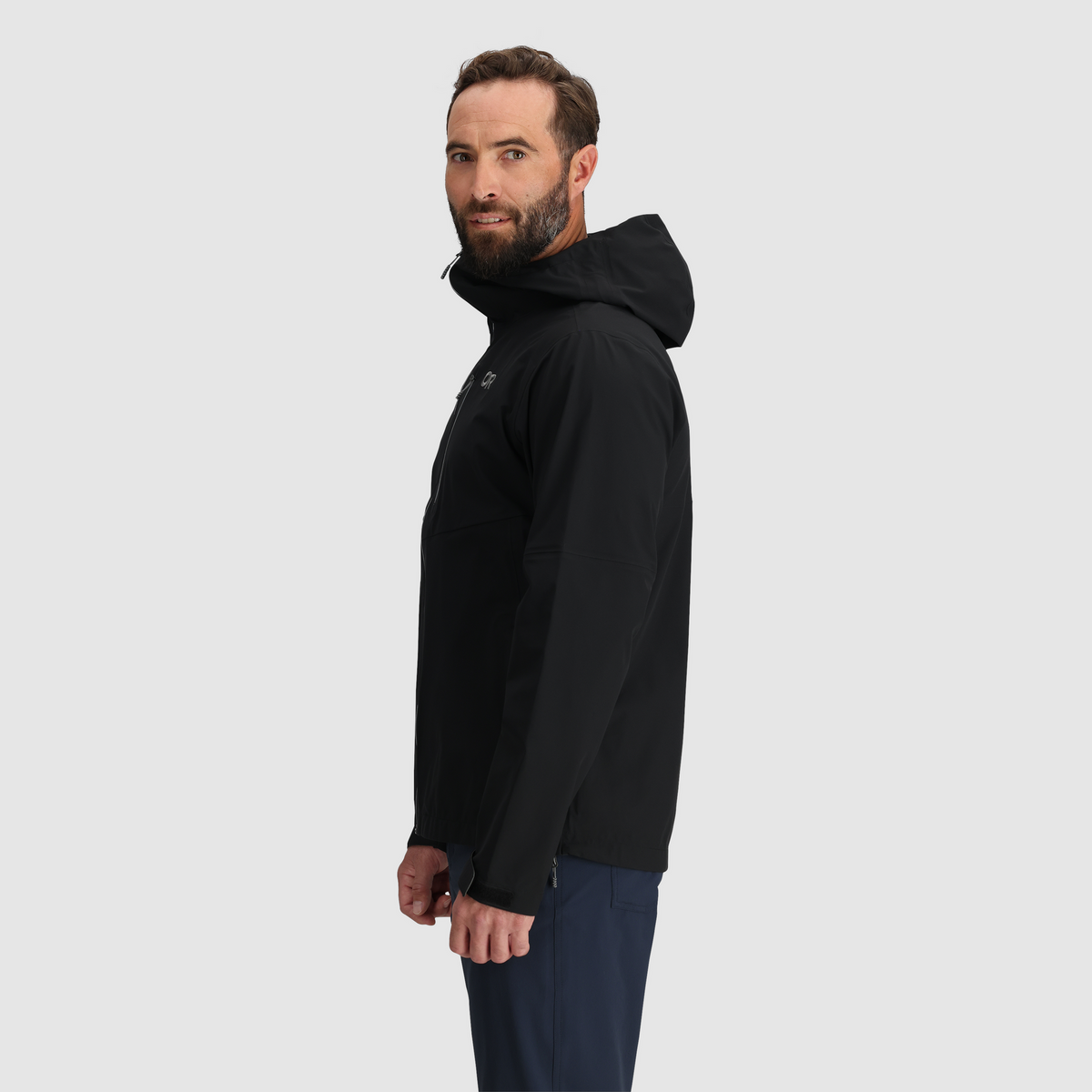 Black 3L waterproof hooded jacket with full-zip front, side profile