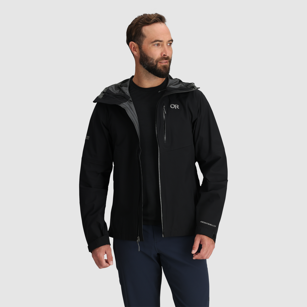 Men's black waterproof hooded jacket with storm hood and full-length front zipper