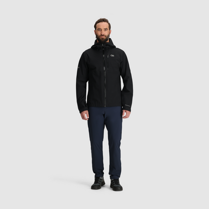 Black 3L waterproof hooded jacket with full-zip front, worn with navy pants