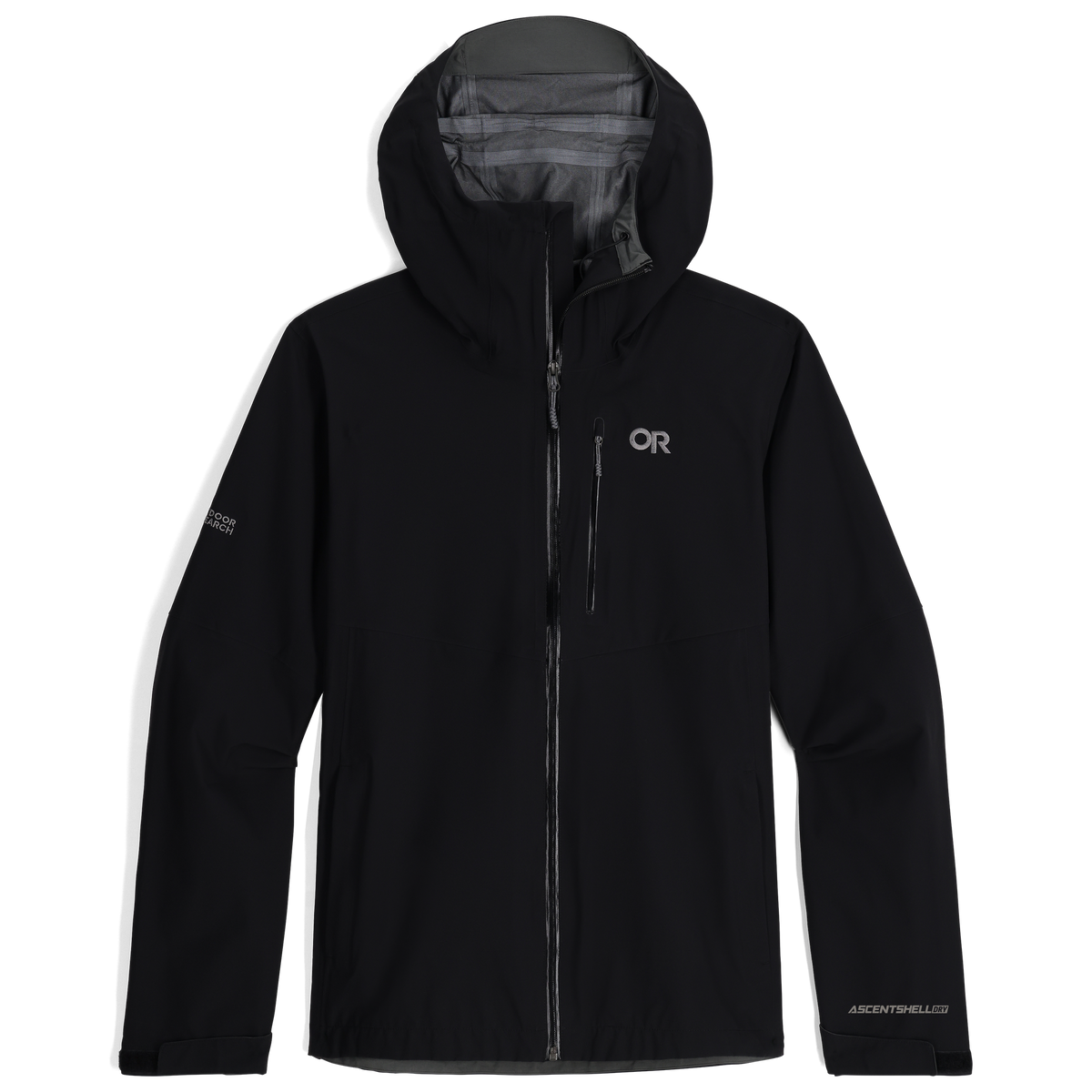 Black waterproof hooded jacket cutout with center zipper and OR logo on chest