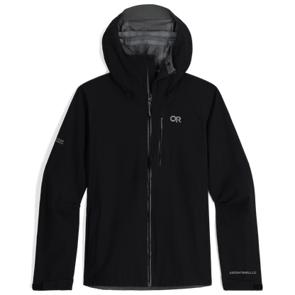 Black waterproof hooded jacket cutout with center zipper and OR logo on chest
