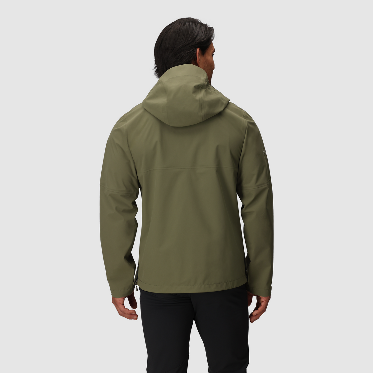 Olive green 3L waterproof hooded jacket, back view with full-zip center