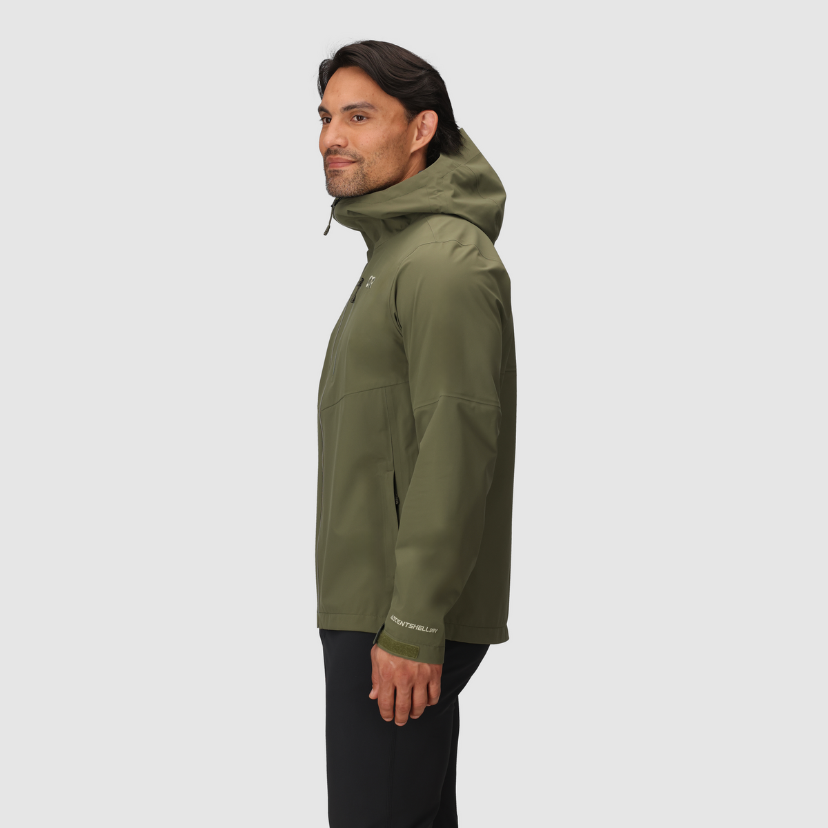 Olive green 3L waterproof jacket with hood and full-zip, side view