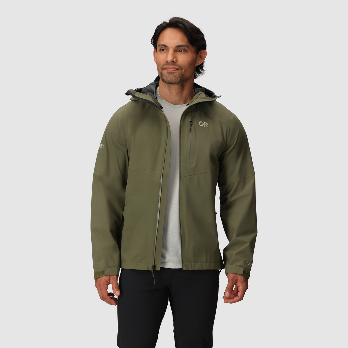 Olive green 3L waterproof hooded jacket with full-zip front, standing view