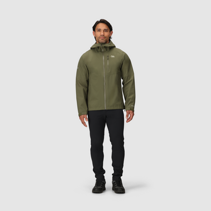 Olive green 3L waterproof hooded jacket with full-zip front, worn with dark pants