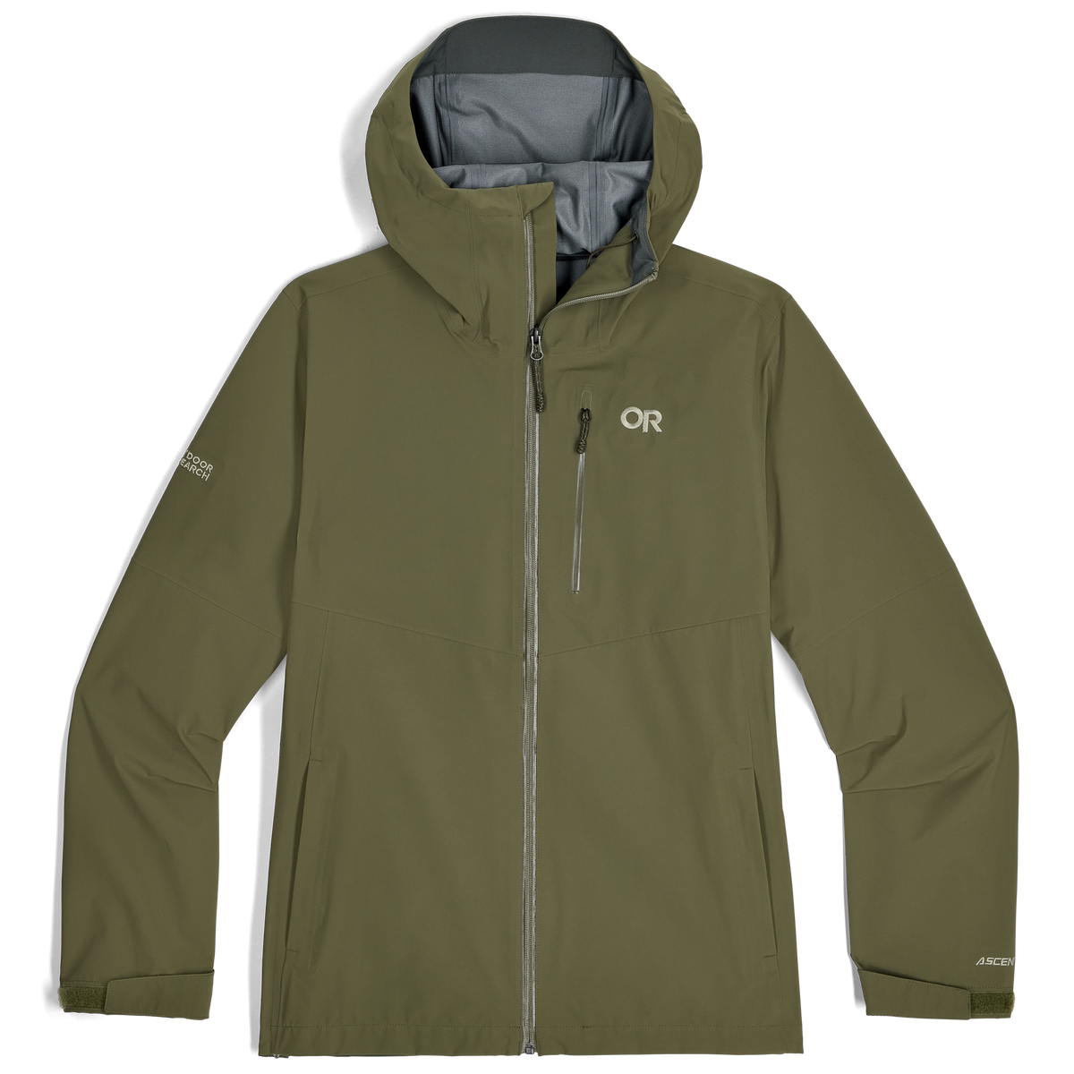 Olive green hooded 3L waterproof jacket, full-zip front with visible interior lining