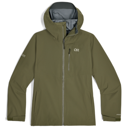 Olive green hooded 3L waterproof jacket, full-zip front with visible interior lining