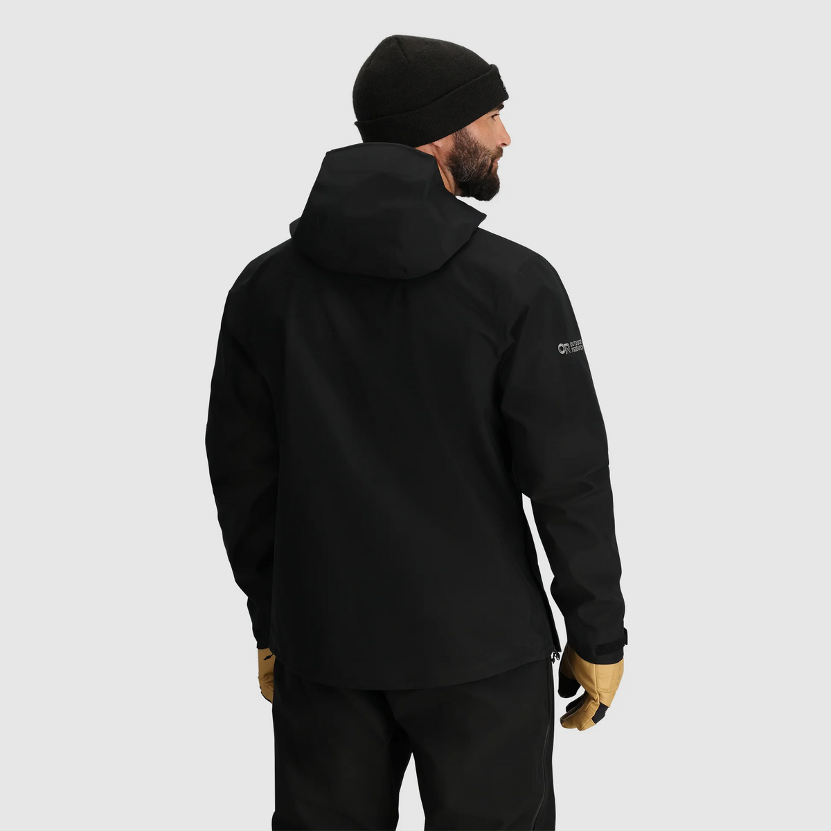 Men's black GORE-TEX 3L shell jacket back view with hood