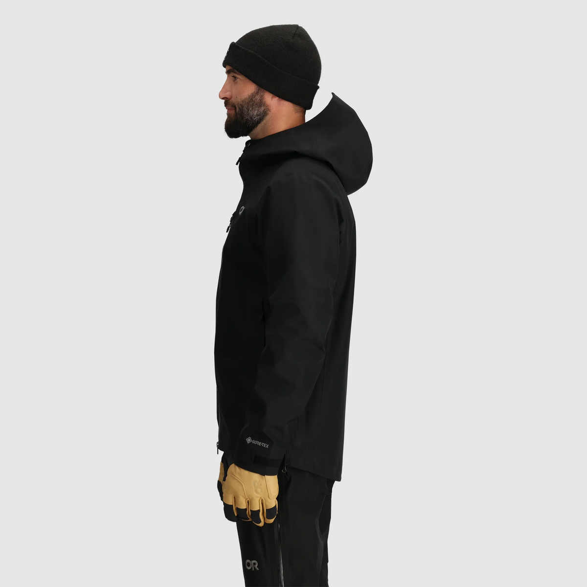 Men's black GORE-TEX 3L rain jacket with hood and full-length front zipper
