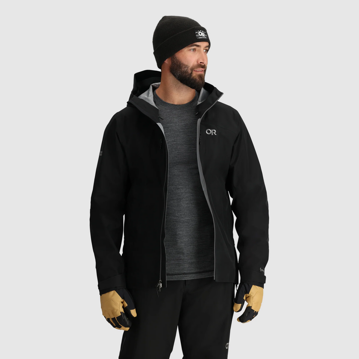 Men's black waterproof hooded jacket with front zipper and mesh-lined hood