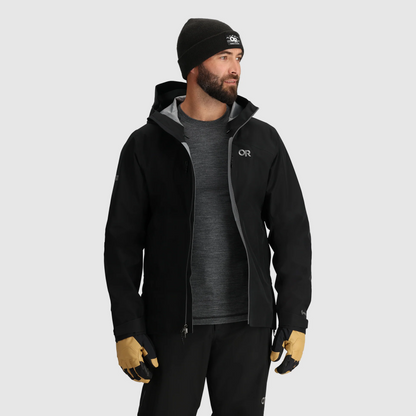 Men's black waterproof hooded jacket with front zipper and mesh-lined hood