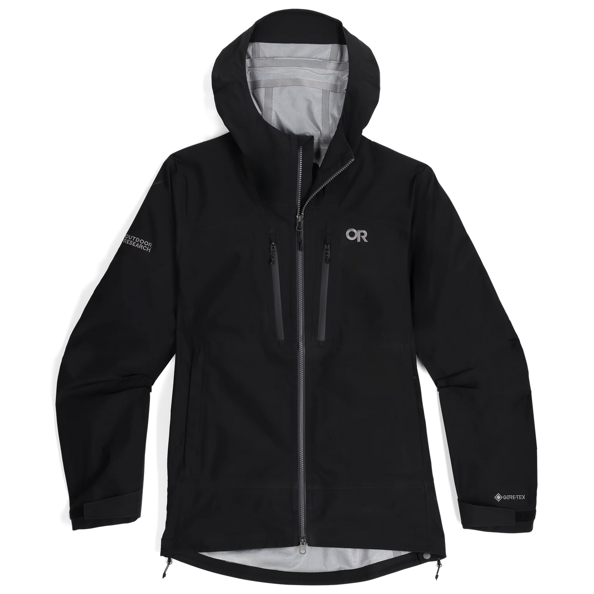 Men's black GORE-TEX 3L hooded shell jacket with dual-zip front and OR logo
