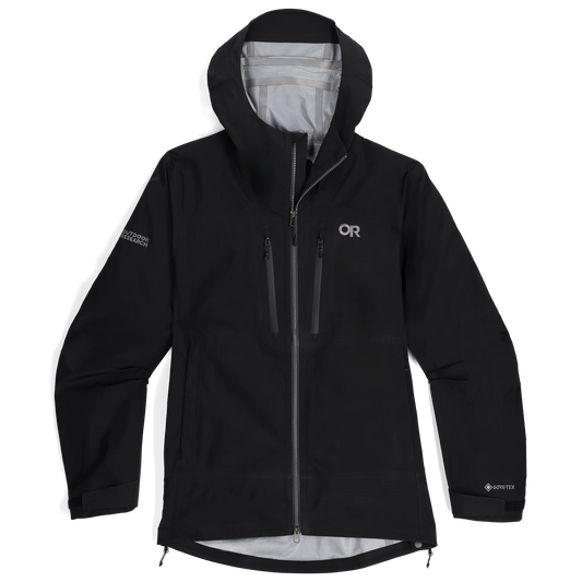 Men's black GORE-TEX 3L hooded shell jacket with dual-zip front and OR logo