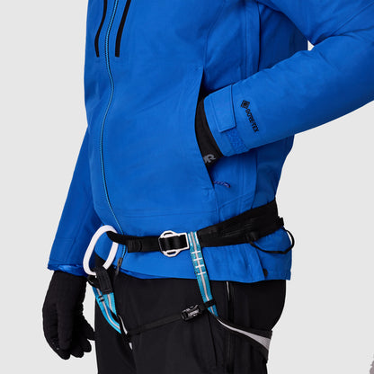 Men's blue waterproof jacket with zip front, adjustable cuffs, and taped seams