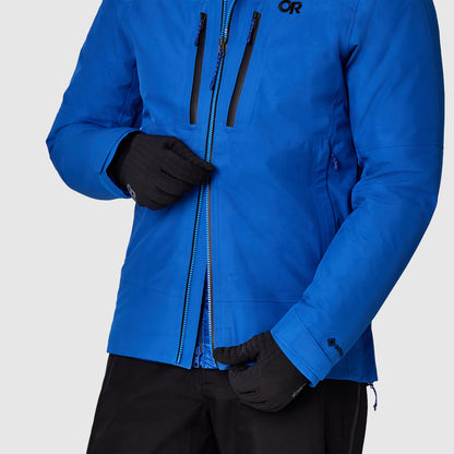 Men's blue waterproof jacket with full-length zipper and adjustable hem tabs