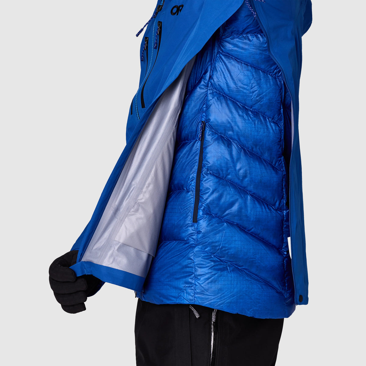 Men's blue GORE-TEX 3L shell jacket with open hood and visible inner lining