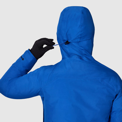 Men's blue rain jacket hood with full-zip front and adjustable sleeve cuffs