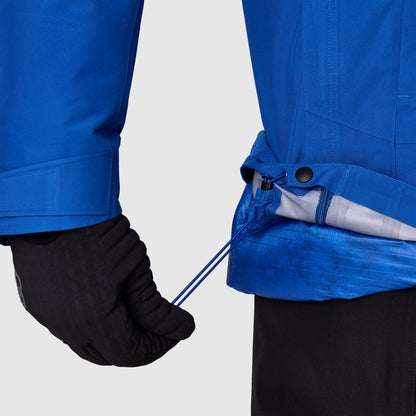 Men's blue jacket with cinch strap at waist and black glove cuffs