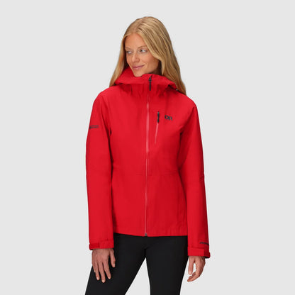 Women's red hooded rain jacket with full front zip and chest pocket