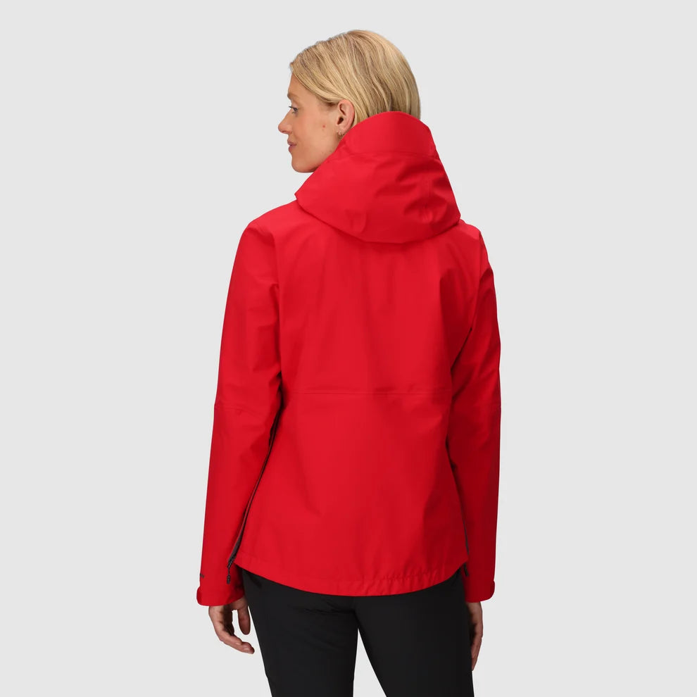 Women's Aspire 3L rain jacket in red, shown from the back with the hood up.