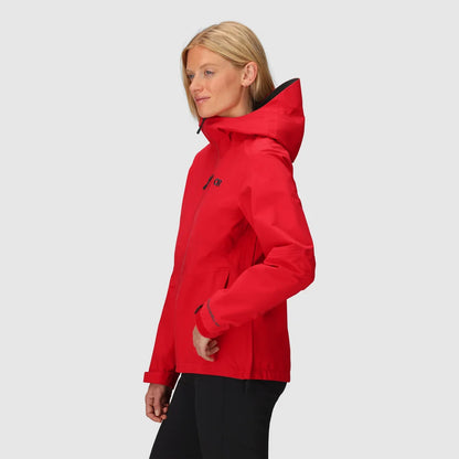 Women's Aspire 3L rain jacket in red, shown from the side with the hood up.