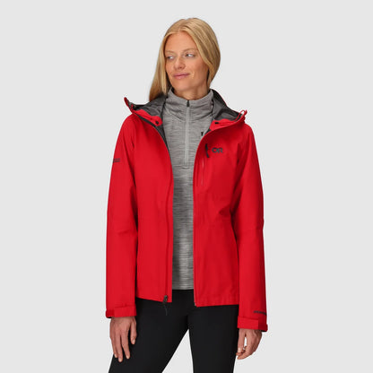 Women's Aspire 3L rain jacket in red, worn open with the hood down.